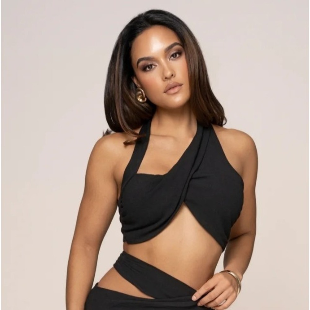 New JLUX LABEL M Medium Linen New Age Top Black Crop Halter Bra Top Asymmetrical